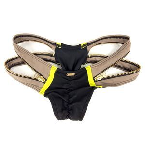 BEACH BUNNY Endless Summer Zipper Ruched Skimpy Bikini Bottoms Taupe Neon Green
